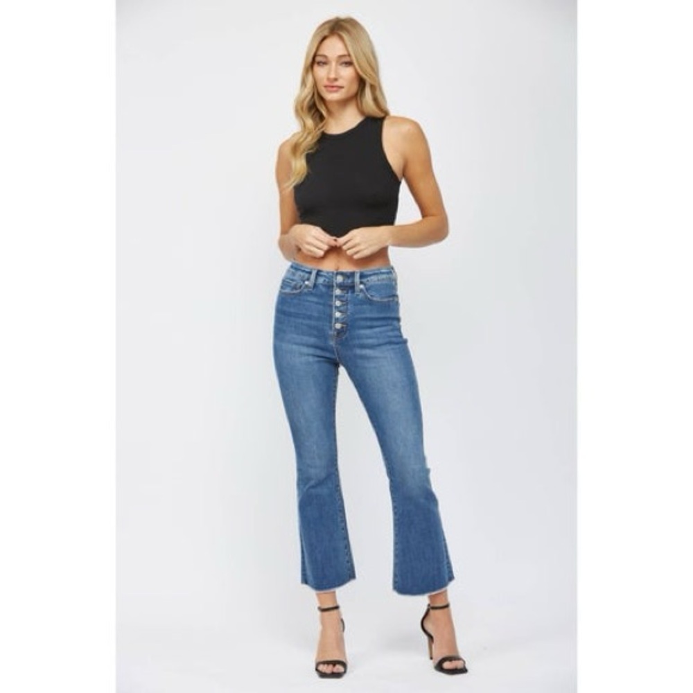 Medium Blue High Rise Crop Flare Button Fly - Mica Denim Jeans